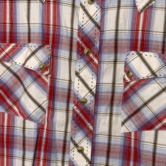 Wrangler Sz XL-short sleeve-pearl snap-button up-red.brown.blue - Picture 4 of 5